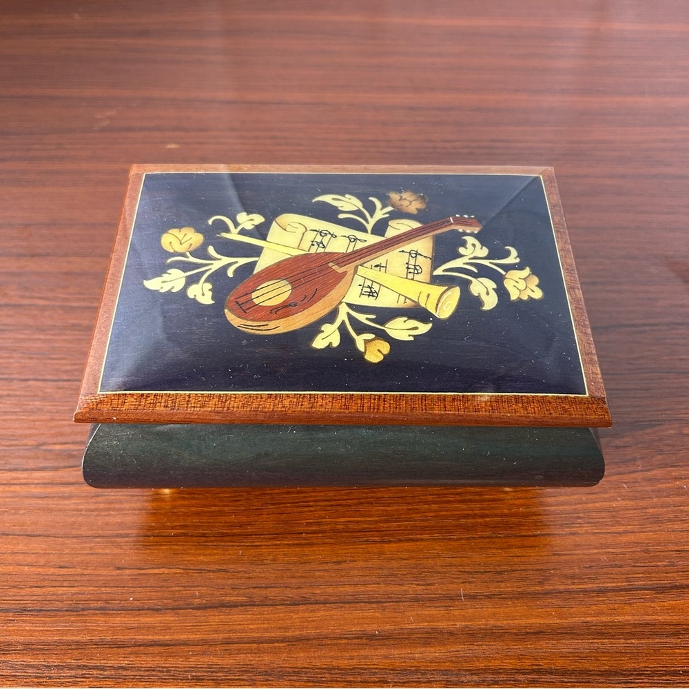 Vintage REUGE Swiss Music Jewelry Box Inlaid Wood Footed Mandolin WORKS EUC
